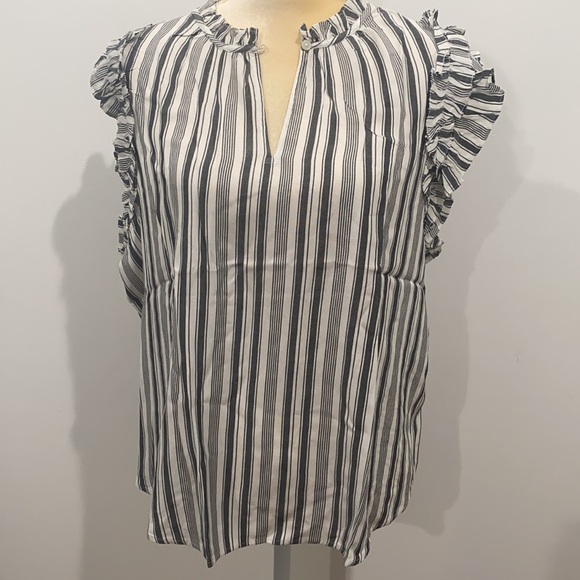 LOFT Striped Ruffle Split Neck Shell XL - Picture 6 of 11